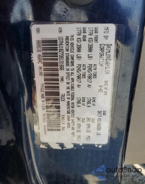 2003 Dodge Ram 1500 St из США, поврежденный, VIN 1D7HU18Z73S131666